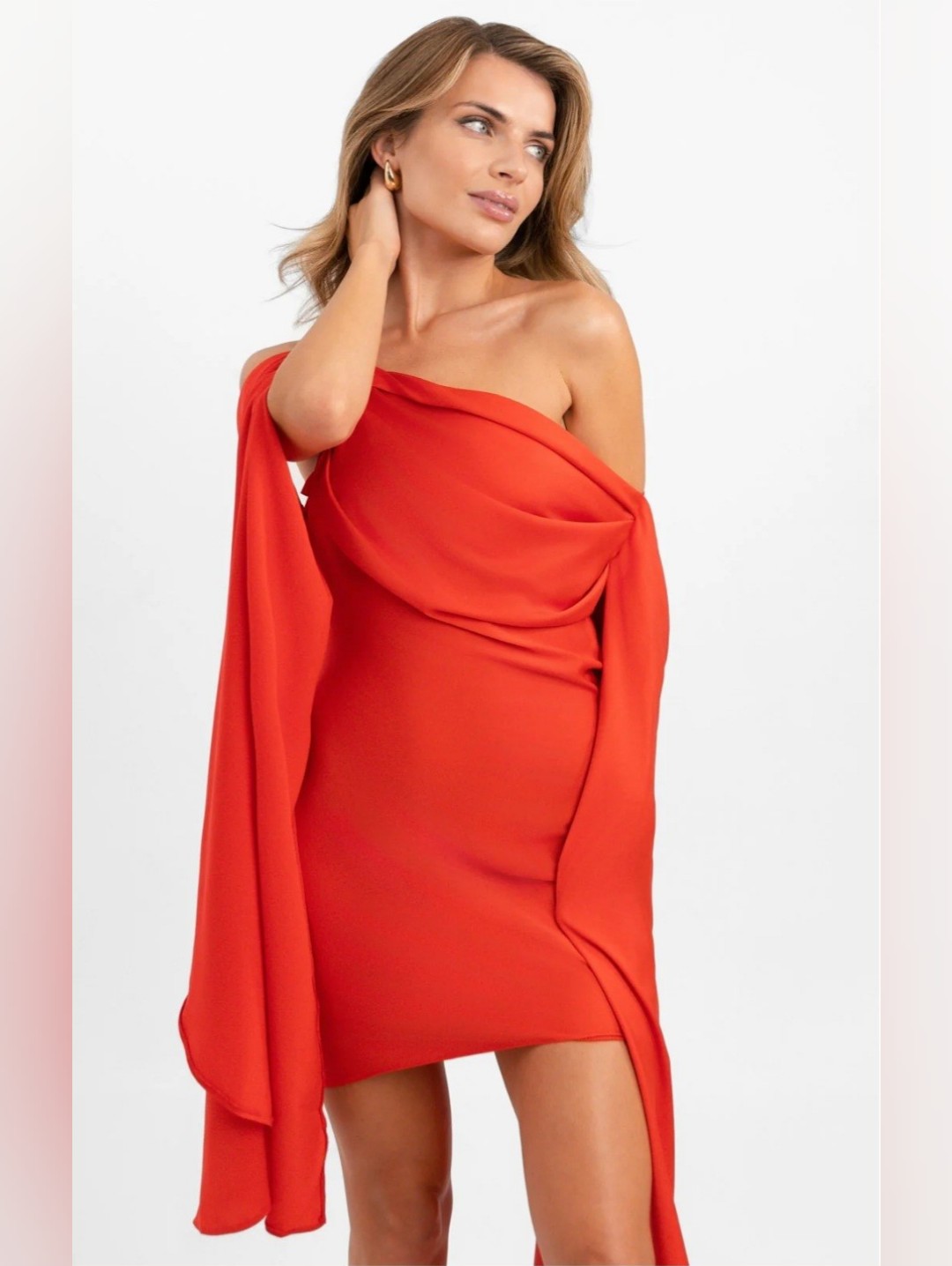Asos Design Red Satin Cowl Neck Mini Dress With Exaggerated Sleeve Detail Size 2
